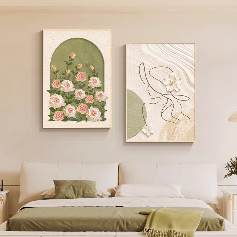 简约现代卧室床头装饰画原木奶油风客厅壁画抽象线条人物挂画双联
