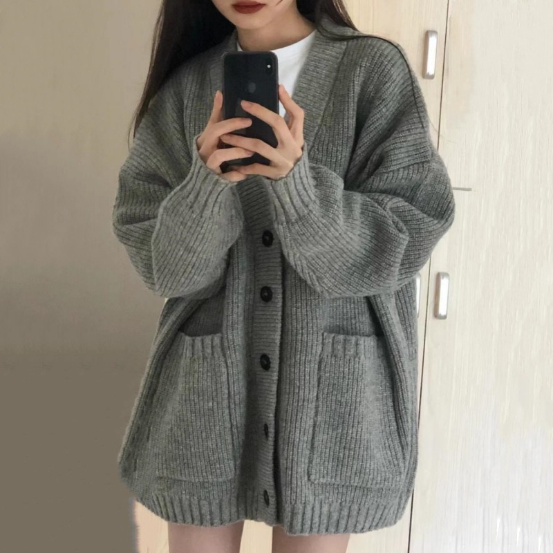韩版V领慵懒风开衫2026新款日系简约毛衣女春秋冬休闲宽松针织衫