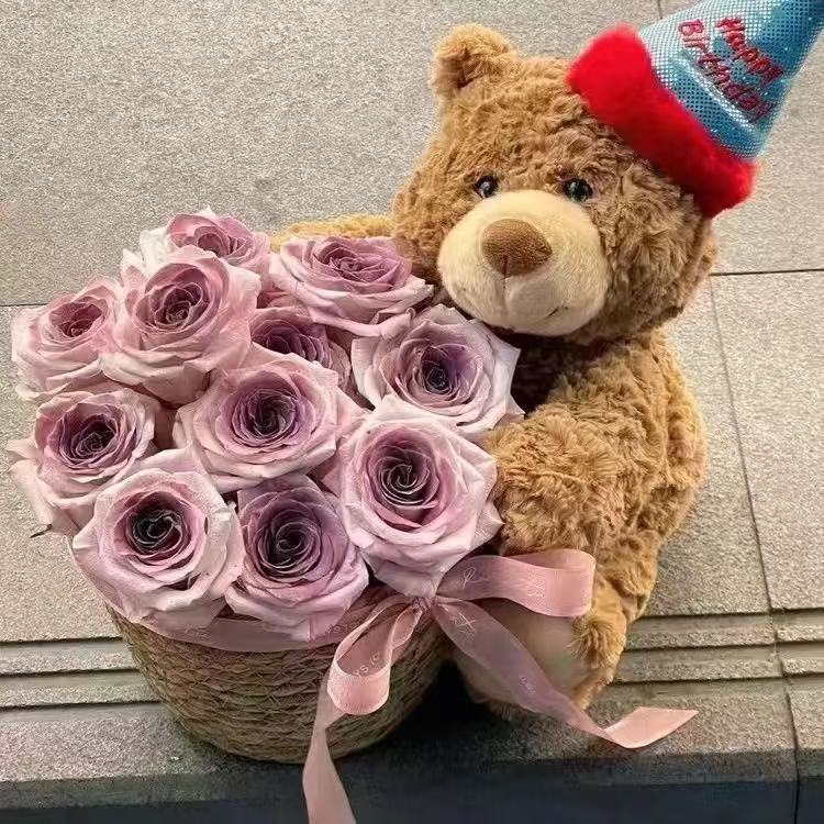 520情人节永生玫瑰仿真香皂花花束小熊抱抱桶送女友闺蜜生日礼物