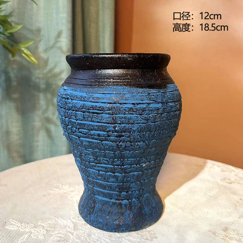 复古手工陶瓷粗陶花瓶水培器皿花园装饰客厅摆件多彩干花双耳花瓶