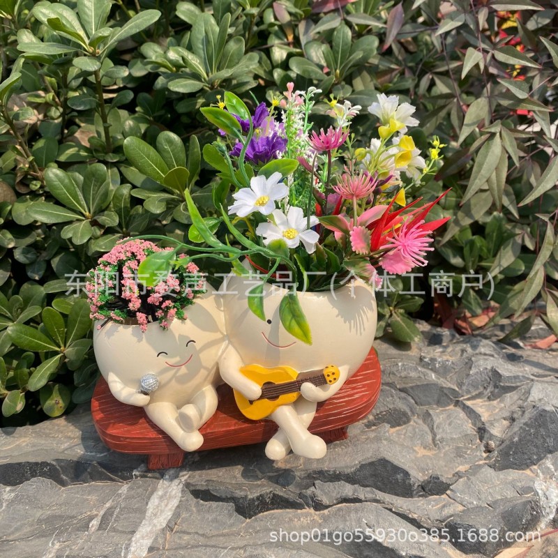 跨境摇椅笑脸花盆双人唱歌可爱盆栽庭院户外花园装饰品树脂工艺品