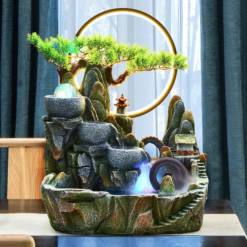 高山循环流水摆件客厅造鱼缸假山水车喷泉盆景装饰生财风水轮转球