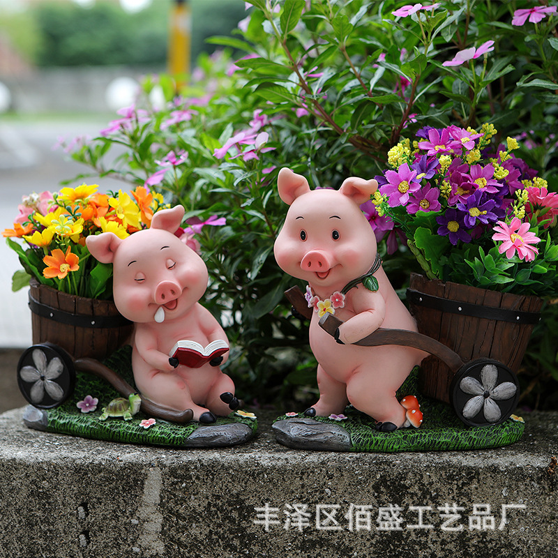 庭院花园装饰工艺品摆件可爱小猪花盆创意办公室桌面收纳树脂笔筒
