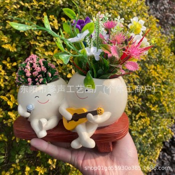 跨境摇椅笑脸花盆双人唱歌可爱盆栽庭院户外花园装饰品树脂工艺品