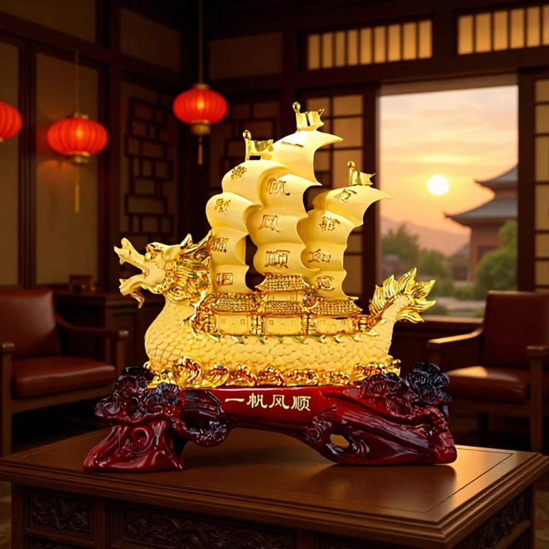 中式龙船一帆风顺摆件 开业大吉办公室玄关招财乔迁树脂工艺品