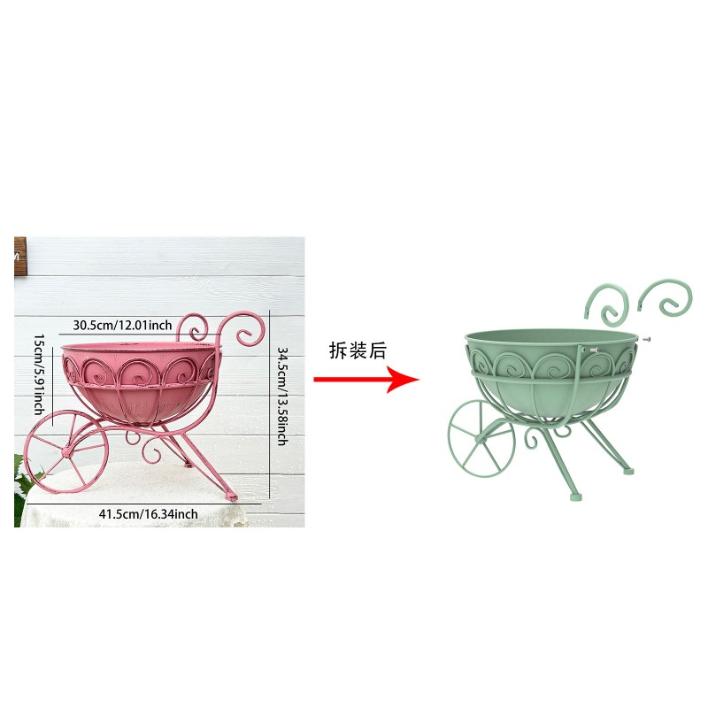 temu跨境户外铁艺庭院小推车花园室外露台阳台花架创意装饰花盆