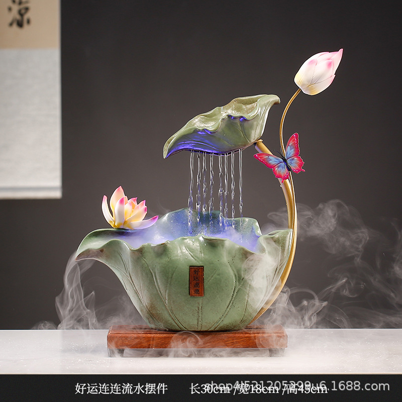 创意招财办公室风水流水摆件桌面客厅灯圈倒流香加湿器开业装饰品