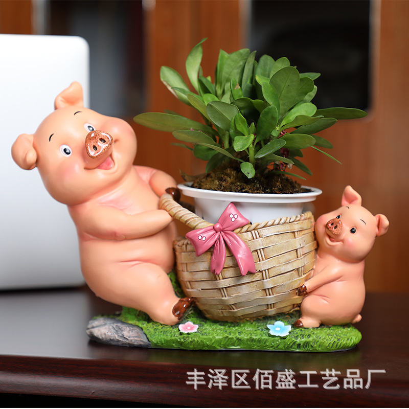 庭院花园装饰工艺品摆件可爱小猪花盆创意办公室桌面收纳树脂笔筒
