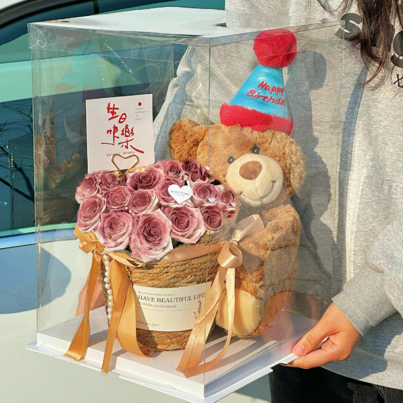 520情人节永生玫瑰仿真香皂花花束小熊抱抱桶送女友闺蜜生日礼物