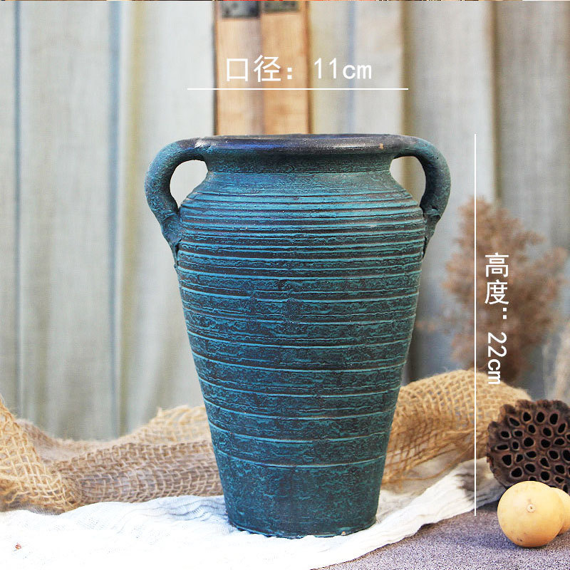 复古手工陶瓷粗陶花瓶水培器皿花园装饰客厅摆件多彩干花双耳花瓶