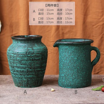 复古手工陶瓷粗陶花瓶水培器皿花园装饰客厅摆件多彩干花双耳花瓶