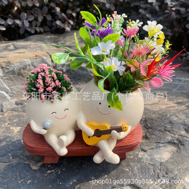 跨境摇椅笑脸花盆双人唱歌可爱盆栽庭院户外花园装饰品树脂工艺品