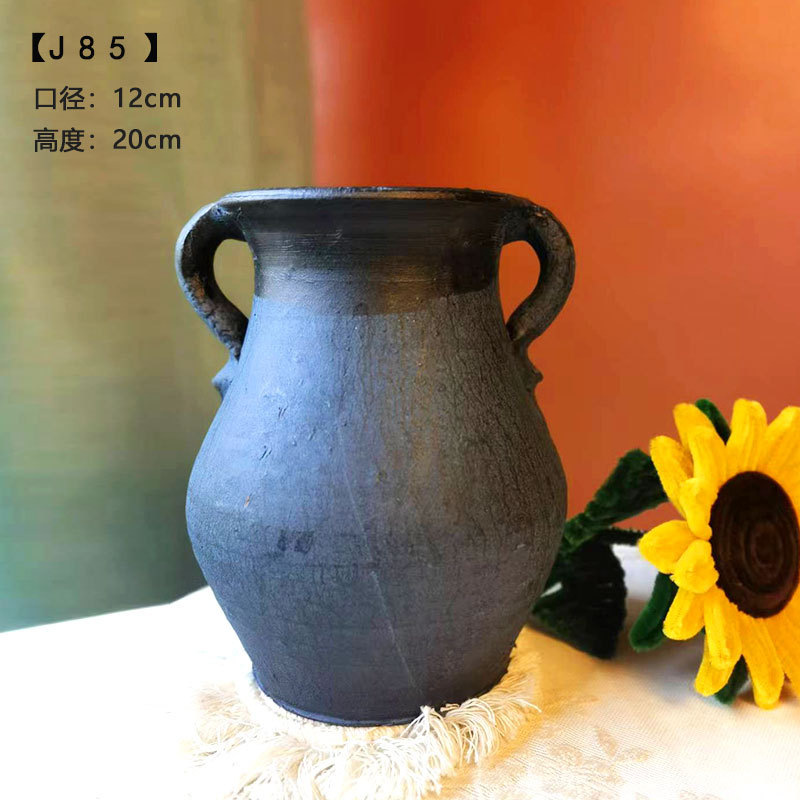 复古手工陶瓷粗陶花瓶水培器皿花园装饰客厅摆件多彩干花双耳花瓶