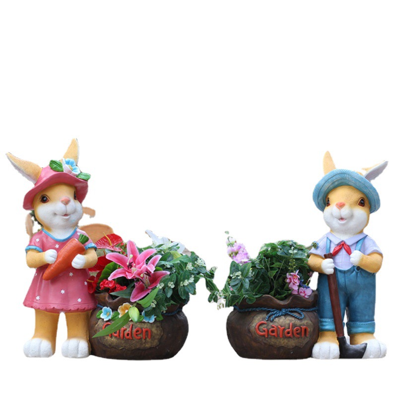 花园卡通兔子花缸园艺种植动物花盆玻璃钢雕塑装饰品草坪布景摆件