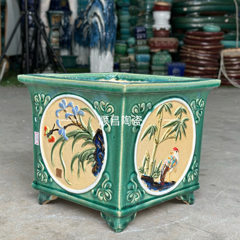 石湾盆四方盆兰花盆手工贴花园林绿植盆景盆栽家居家摆设