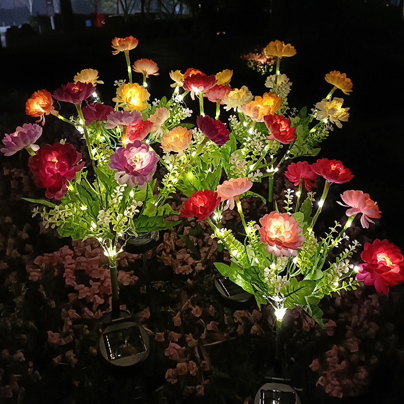 太阳能7头雪莲花地插灯庭院红粉黄紫假花氛围灯户外防水草坪灯