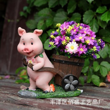 庭院花园装饰工艺品摆件可爱小猪花盆创意办公室桌面收纳树脂笔筒