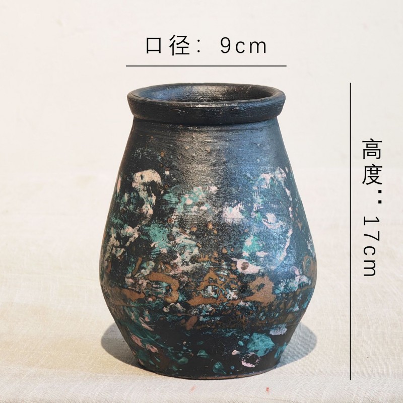 复古手工陶瓷粗陶花瓶水培器皿花园装饰客厅摆件多彩干花双耳花瓶