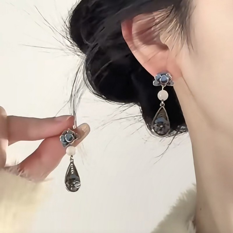 牡丹花烧蓝耳钉女款中国民族风饰品珐琅彩复古耳环轻奢高级感耳坠