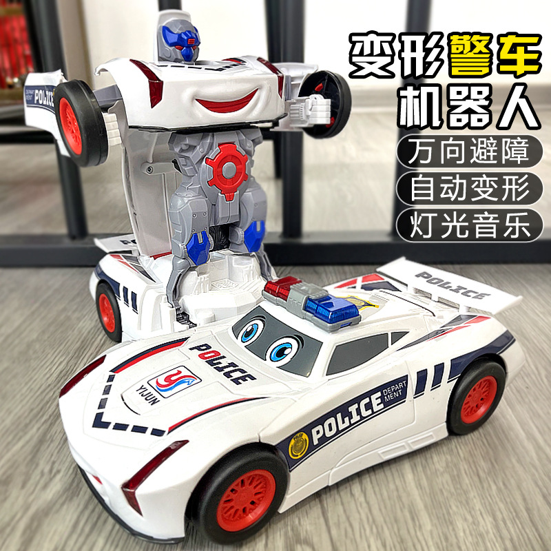 跨境电动万向变形警车赛车灯光音乐自动变形机器人儿童玩具车批发