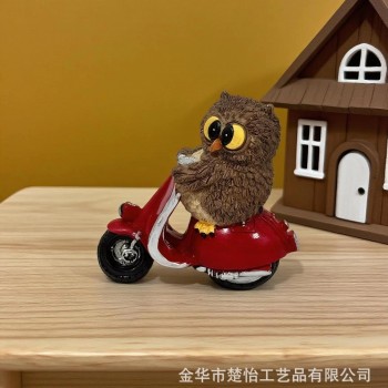 新款猫头鹰骑摩托卡通树脂工艺品创意办公家居桌面小摆件动物可爱