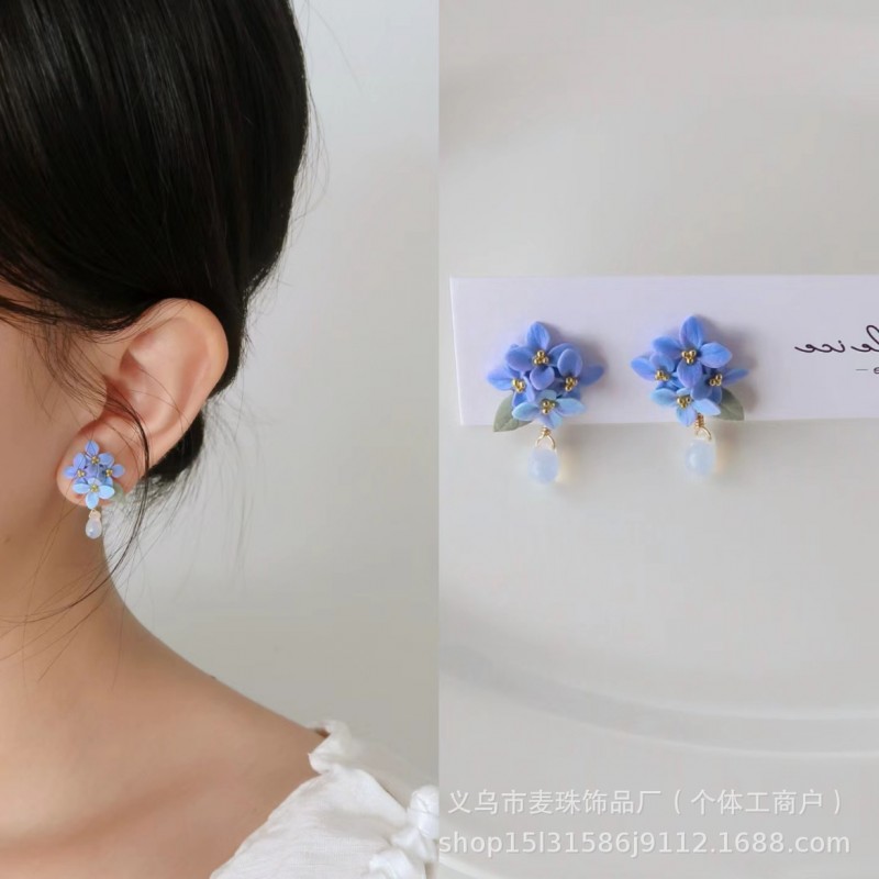 清新蓝色渐变花朵小清新耳环2024小众新款爆款女生礼物耳饰耳夹女