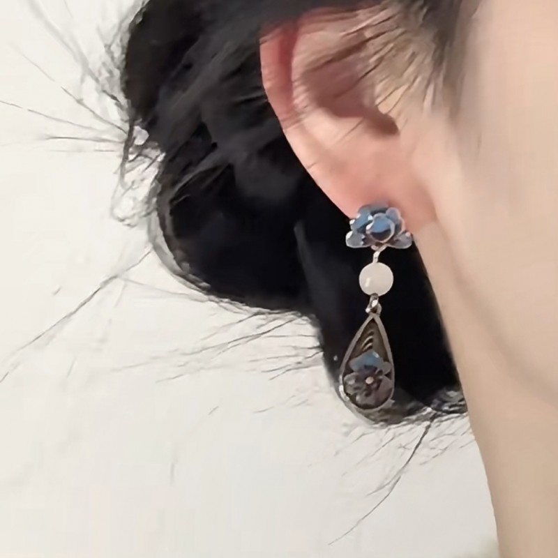 牡丹花烧蓝耳钉女款中国民族风饰品珐琅彩复古耳环轻奢高级感耳坠
