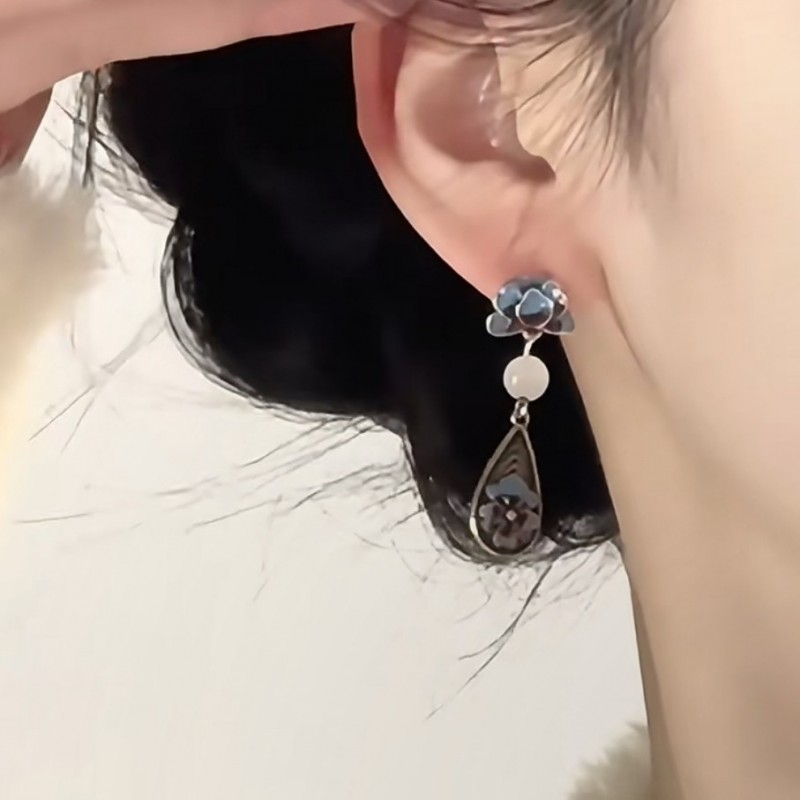 牡丹花烧蓝耳钉女款中国民族风饰品珐琅彩复古耳环轻奢高级感耳坠