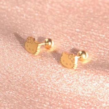 KT猫耳钉 钛钢耳骨钉金色拧螺丝扣可爱卡通女生免摘小耳环耳饰