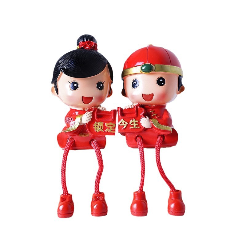 中式喜庆婚房装饰摆件吊脚亲嘴娃娃树脂工艺礼品家居创意手工精美
