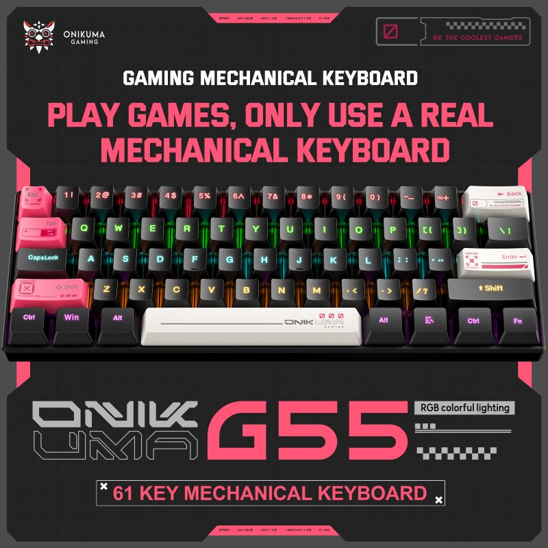 跨境新品ONIKUMA G55机械61键盘游戏RGB发光usb有线键盘厂家直销