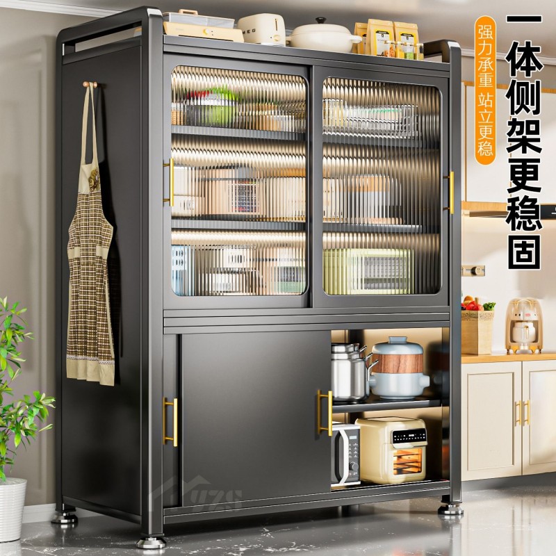 家用厨房置物架多功能收纳柜对开餐边柜橱柜防尘落地陈列柜展示柜