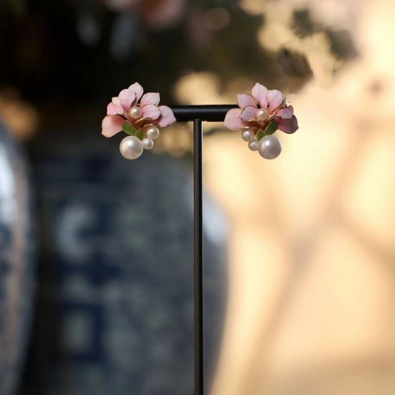 花丝珐琅玉兰花珍珠耳钉女耳坠高级感百搭中国风精致显气质耳饰