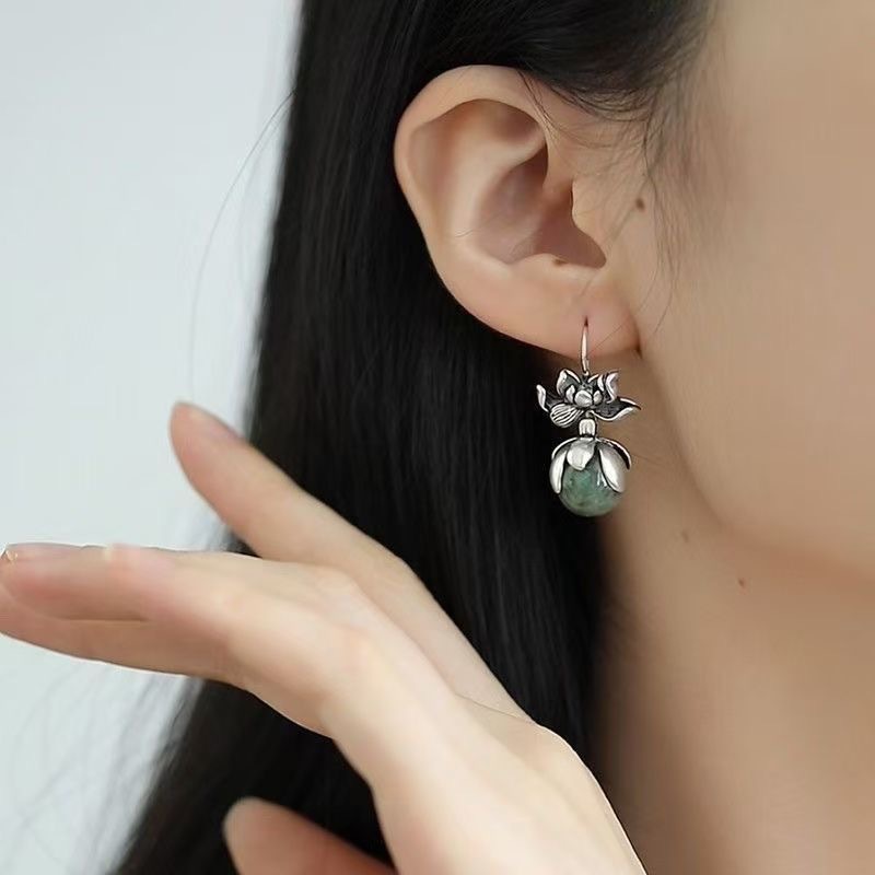 复古做旧民族风【好事莲莲】圆珠荷花耳环耳坠女气质百搭高级感