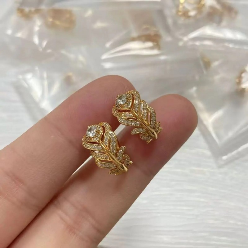 轻奢权志龙同款满钻羽毛耳钉树叶子闪钻高级感个性百搭气质耳饰