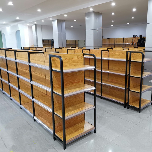 超市货架展示架四柱木纹置物架便利店商超小卖部文具店母婴店货架