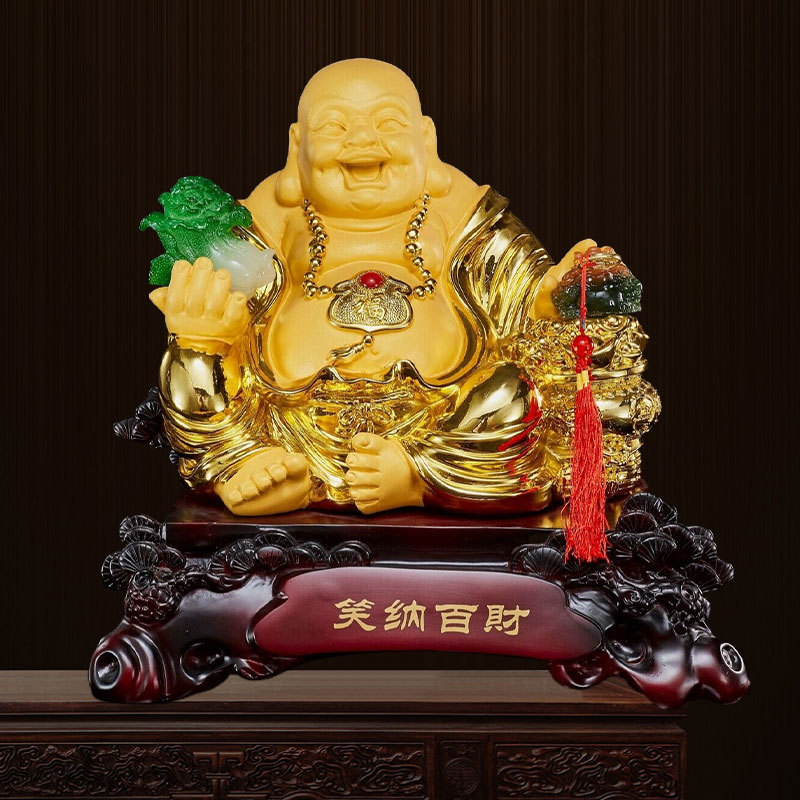 笑纳百财弥勒佛白菜金蟾摆件树脂工艺品镀金大佛像家居办公室礼品