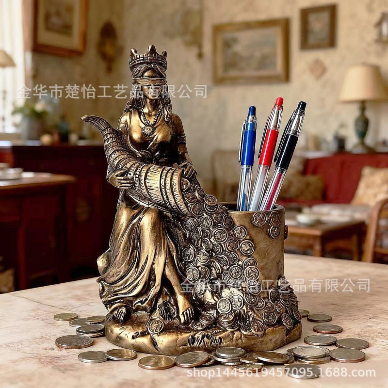 财富女神笔筒跨境复古树脂工艺品办公室摆件收藏品北欧风批发仿铜