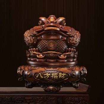 金蟾招财木纹摆件八方来财中式玄关办公室树脂工艺品开业乔迁礼物