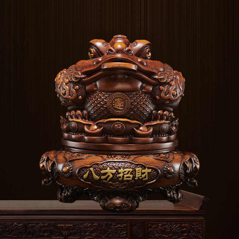 金蟾招财木纹摆件八方来财中式玄关办公室树脂工艺品开业乔迁礼物