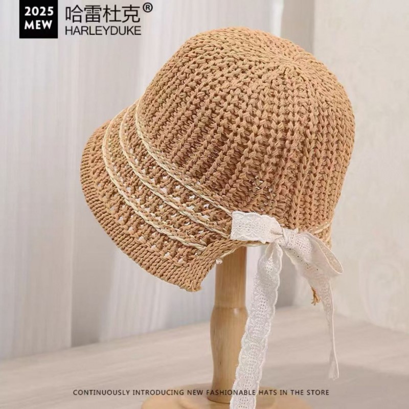 蝴蝶结镂空渔夫帽女夏季时尚防晒遮阳帽子2026新款显脸小草编盆帽
