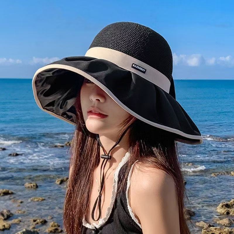 黑胶渔夫帽子女夏季遮阳时尚休闲防晒帽大帽檐高级感蝴蝶结太阳帽