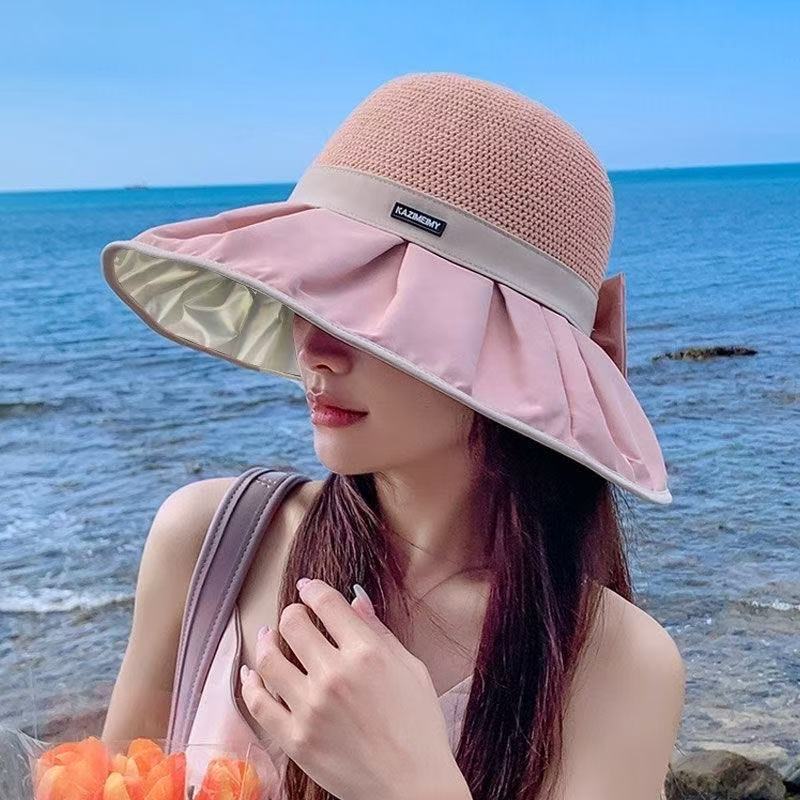 黑胶渔夫帽子女夏季遮阳时尚休闲防晒帽大帽檐高级感蝴蝶结太阳帽