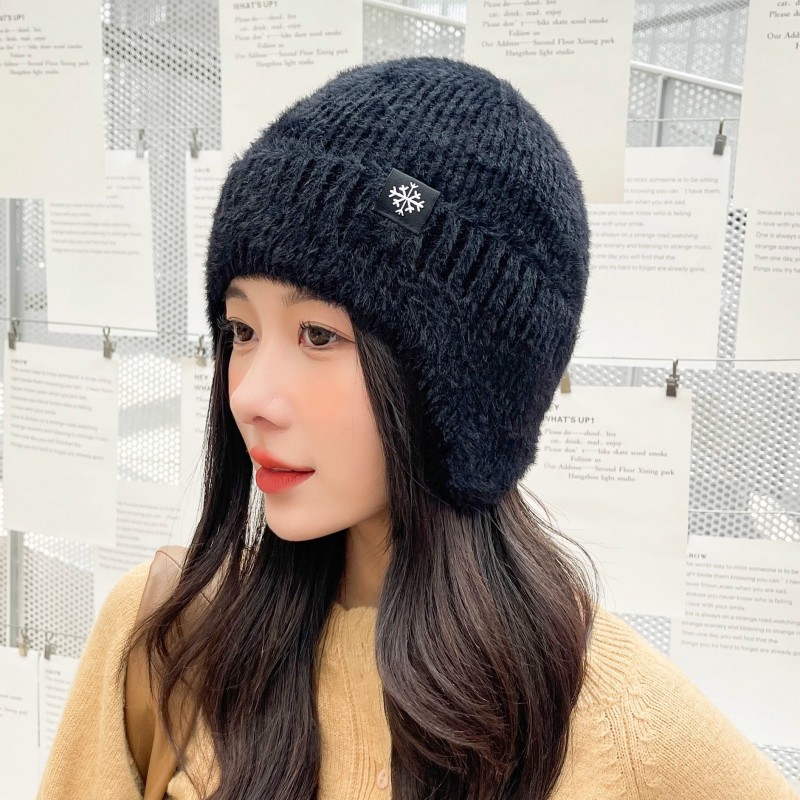 韩系猫耳朵毛线帽大头围女秋冬季加厚防寒保暖针织毛绒帽冷帽批发