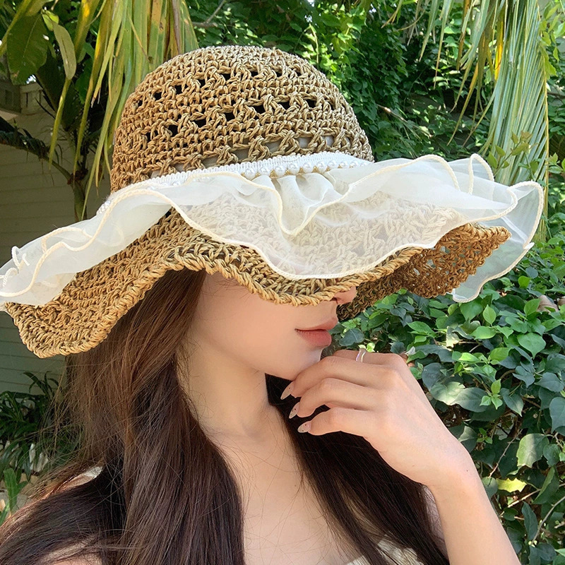 夏季草编蝴蝶空顶防晒帽海边沙滩可折叠遮阳帽休闲百搭拍照太阳帽