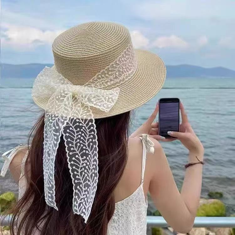 韩版新款夏季蝴蝶结飘带海边度假草帽大沿显脸小遮阳防晒帽子海边