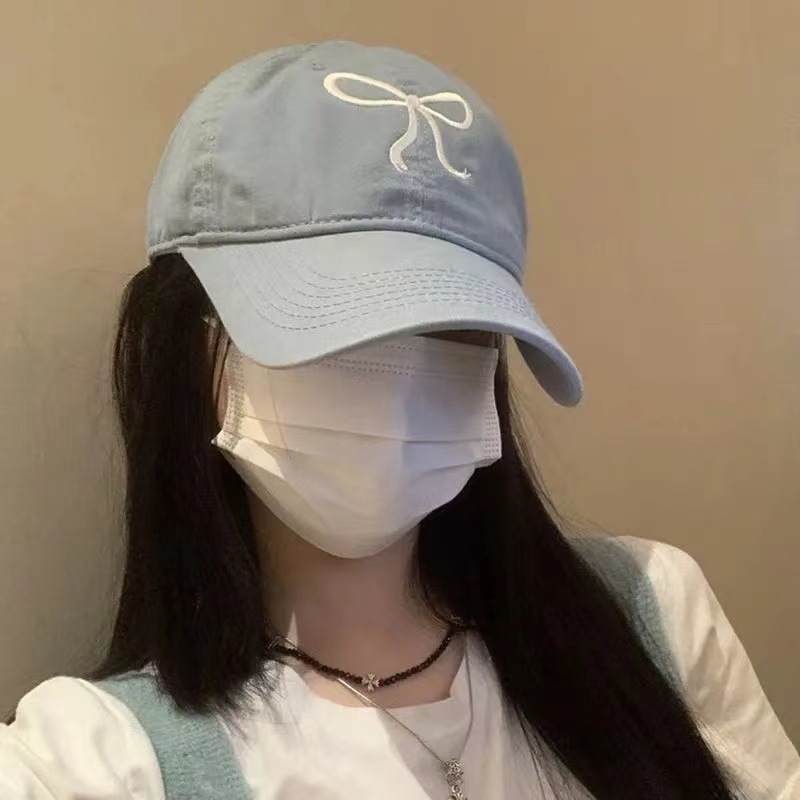 韩国ins风棒球帽女生蝴蝶结浪漫粉色帽子百搭软顶鸭舌帽大帽檐