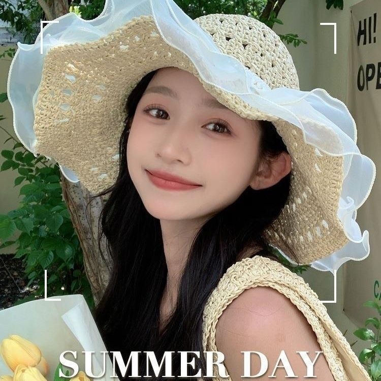 夏季草编蝴蝶空顶防晒帽海边沙滩可折叠遮阳帽休闲百搭拍照太阳帽