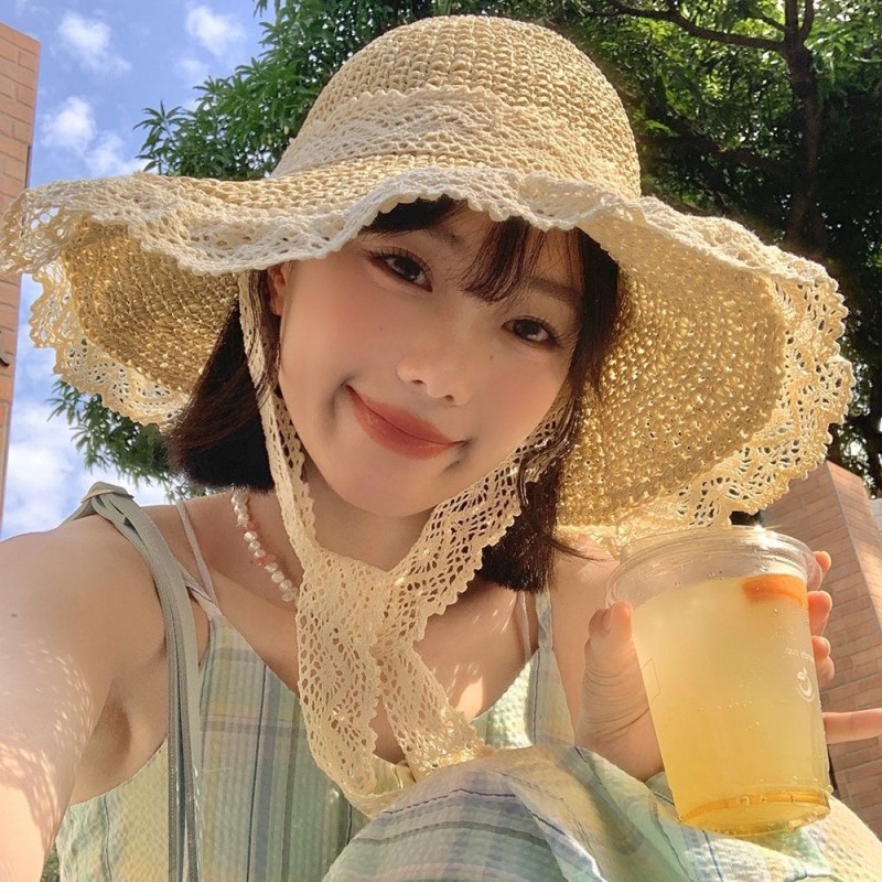 日系ins甜美编织蕾丝系带草编帽 夏天防晒防紫外线小清新沙滩帽子