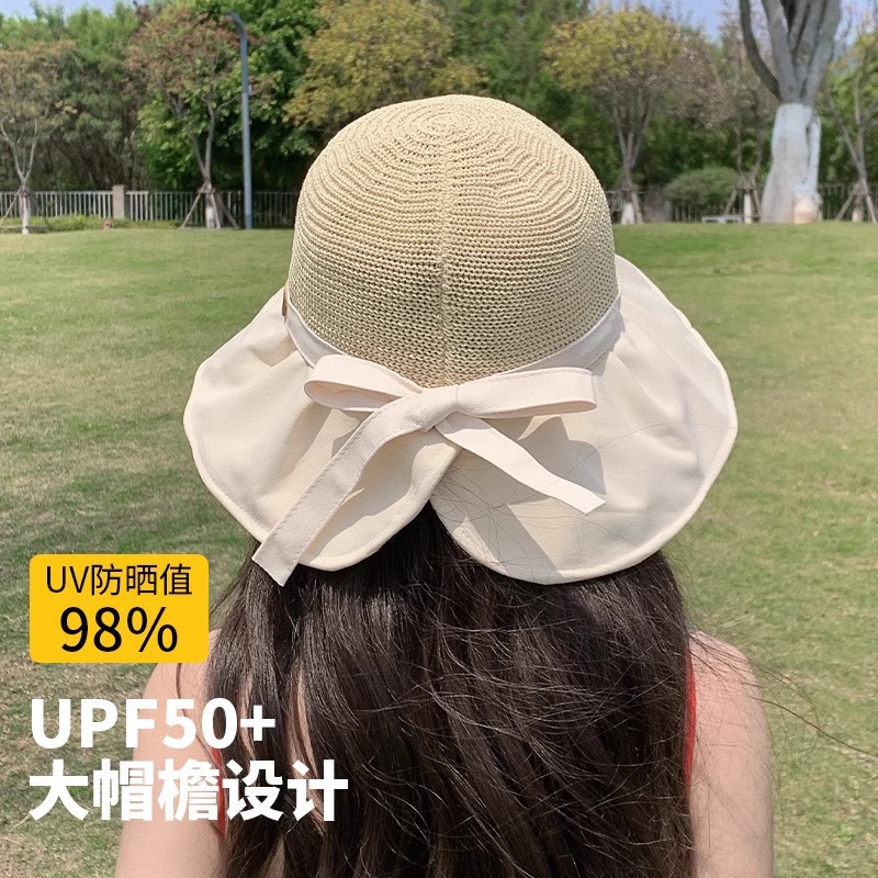 夏季新款渔夫帽大檐蝴蝶结沙滩帽子透气防晒遮阳出游太阳帽女帽